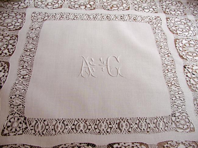 Marvellous tablecloth with large drawn thread work and monogram AC