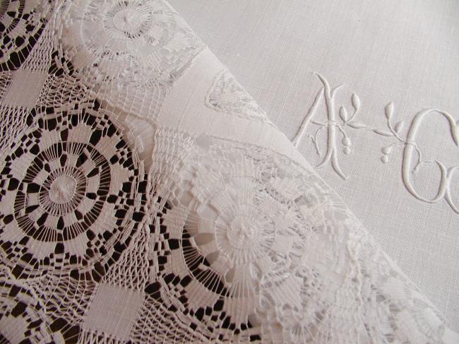 Marvellous tablecloth with large drawn thread work and monogram AC