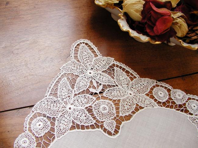 Gorgeous doily in fine batiste with chemical lace depicting clematites