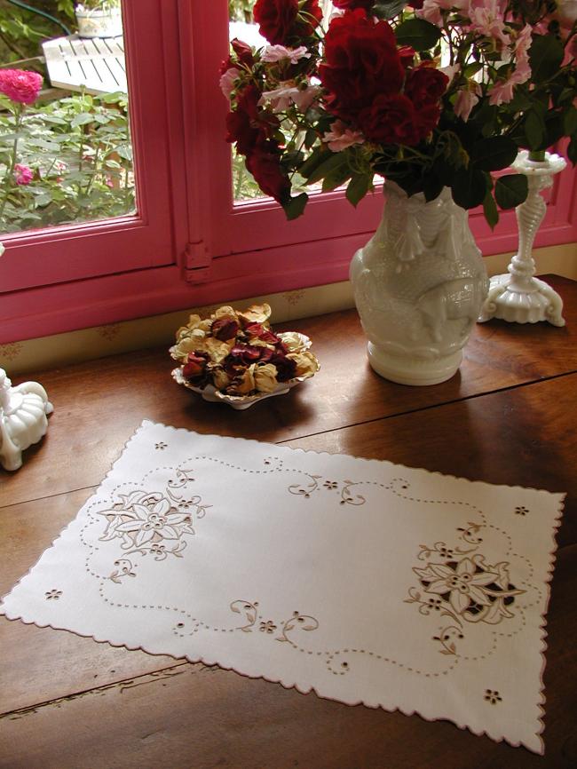 Lovely tray cloth with hand-embroidered Madeira clematite flowers