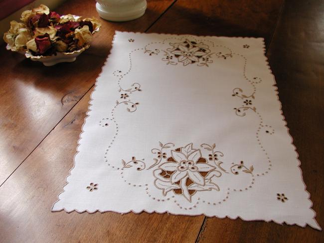 Lovely tray cloth with hand-embroidered Madeira clematite flowers