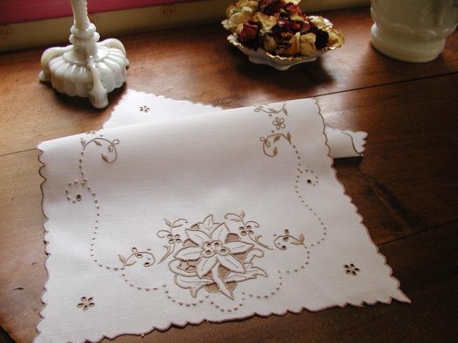 Lovely tray cloth with hand-embroidered Madeira clematite flowers