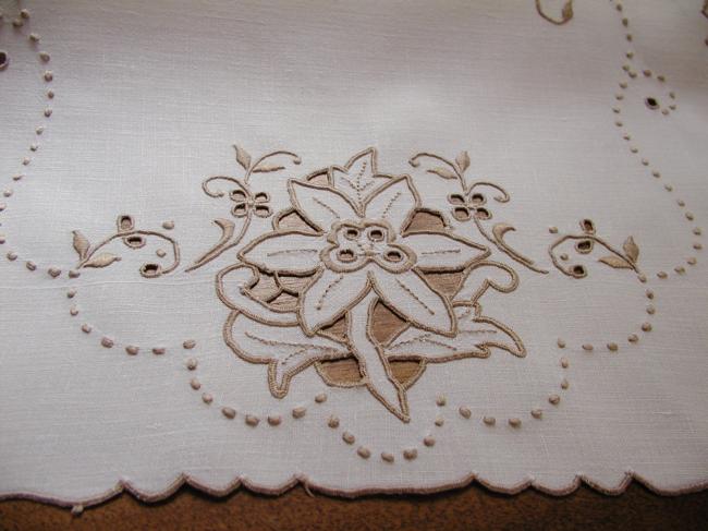 Lovely tray cloth with hand-embroidered Madeira clematite flowers