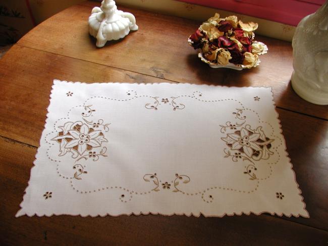 Lovely tray cloth with hand-embroidered Madeira clematite flowers