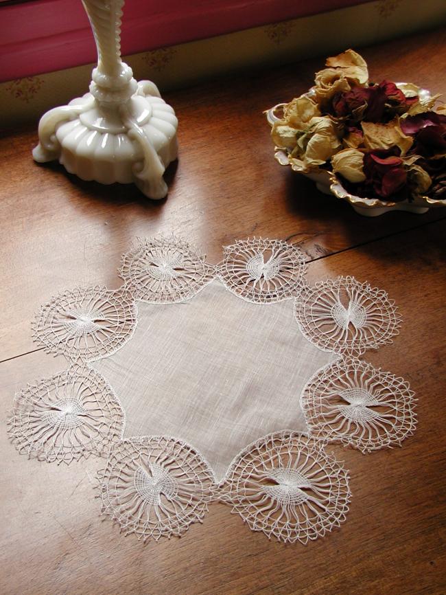 Superb star shape doily with linon part and Nanduti lace edging