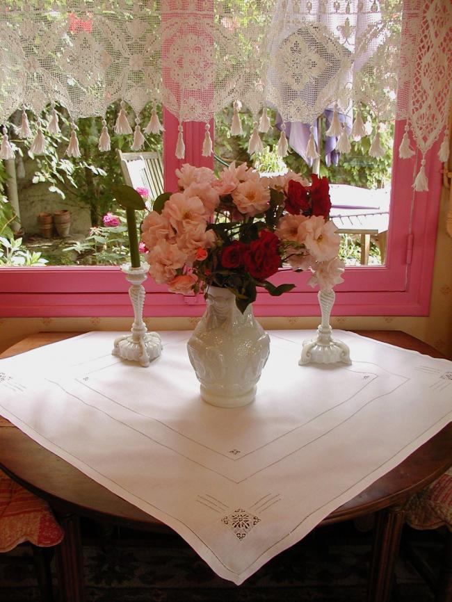 Lovely linen tablecloth with drawn thread work and Reticella inserts