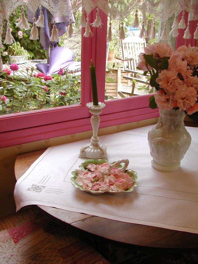 Lovely linen tablecloth with drawn thread work and Reticella inserts