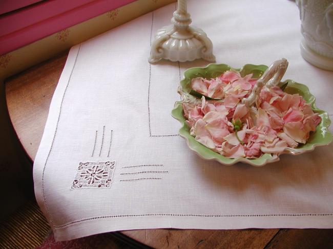 Lovely linen tablecloth with drawn thread work and Reticella inserts