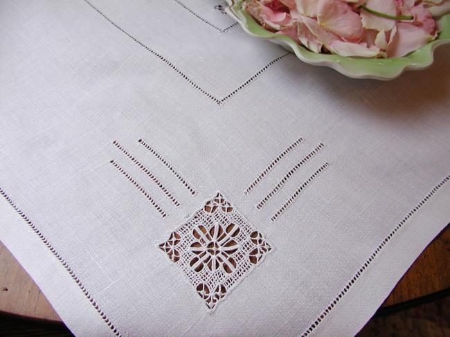 Lovely linen tablecloth with drawn thread work and Reticella inserts