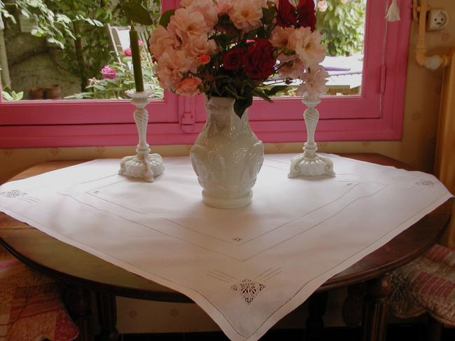 Lovely linen tablecloth with drawn thread work and Reticella inserts