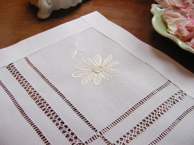 Gorgeous tray cloth in batiste of linen with lovely hand-embroidered golden silk