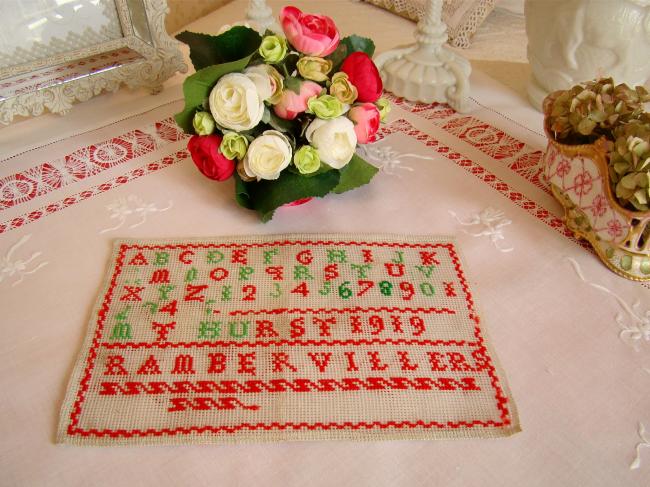 Lovely sampler made in red and green cross stitches, circa 1919, at Ramberviller