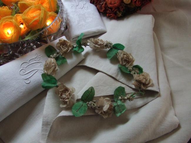 Lovely crown with  wax leaves and white roses and tiny flowers 1900