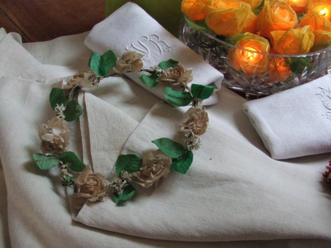 Lovely crown with  wax leaves and white roses and tiny flowers 1900