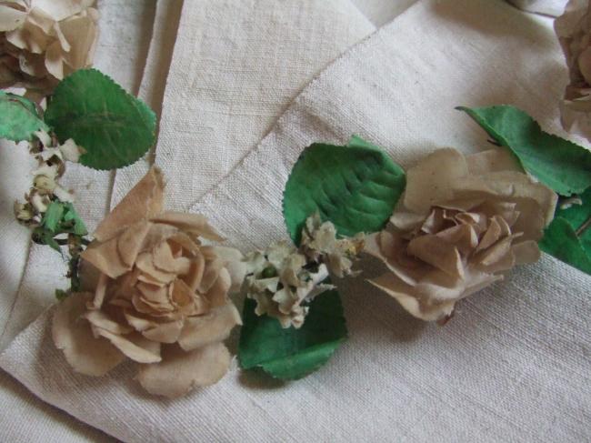 Lovely crown with  wax leaves and white roses and tiny flowers 1900