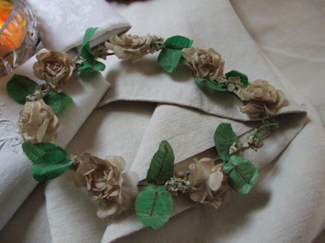 Lovely crown with  wax leaves and white roses and tiny flowers 1900