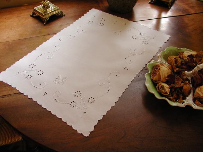 Gorgeous tray cloth in white embroidery with butterflies and flowers