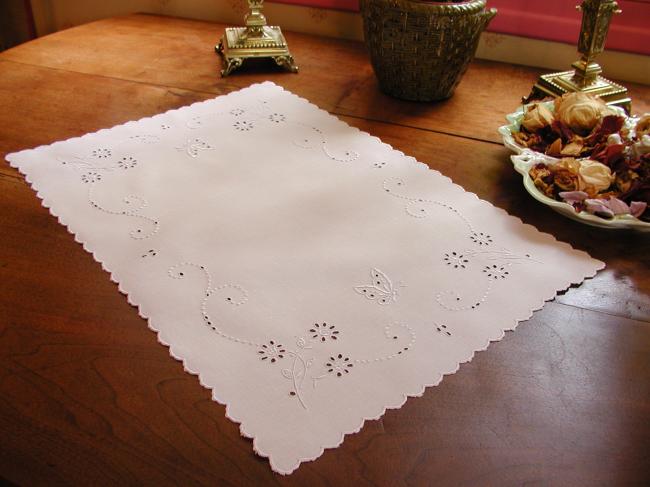 Gorgeous tray cloth in white embroidery with butterflies and flowers