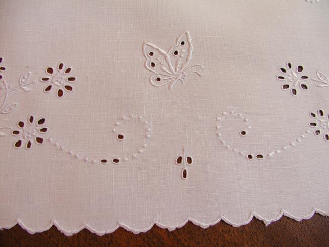 Gorgeous tray cloth in white embroidery with butterflies and flowers