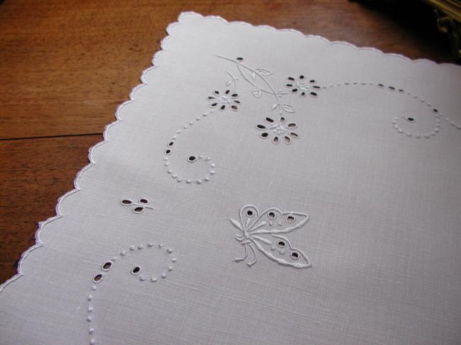 Gorgeous tray cloth in white embroidery with butterflies and flowers