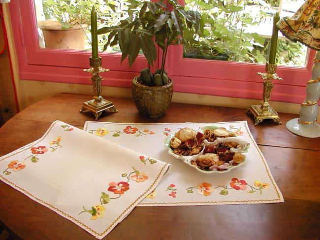 Really beautiful pair of trolley mats or table centres with jacobean nasturtium