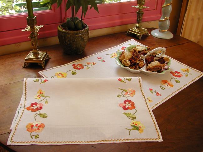 Really beautiful pair of trolley mats or table centres with jacobean nasturtium