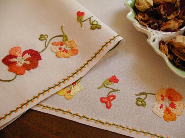 Really beautiful pair of trolley mats or table centres with jacobean nasturtium