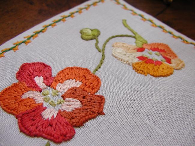 Really beautiful pair of trolley mats or table centres with jacobean nasturtium