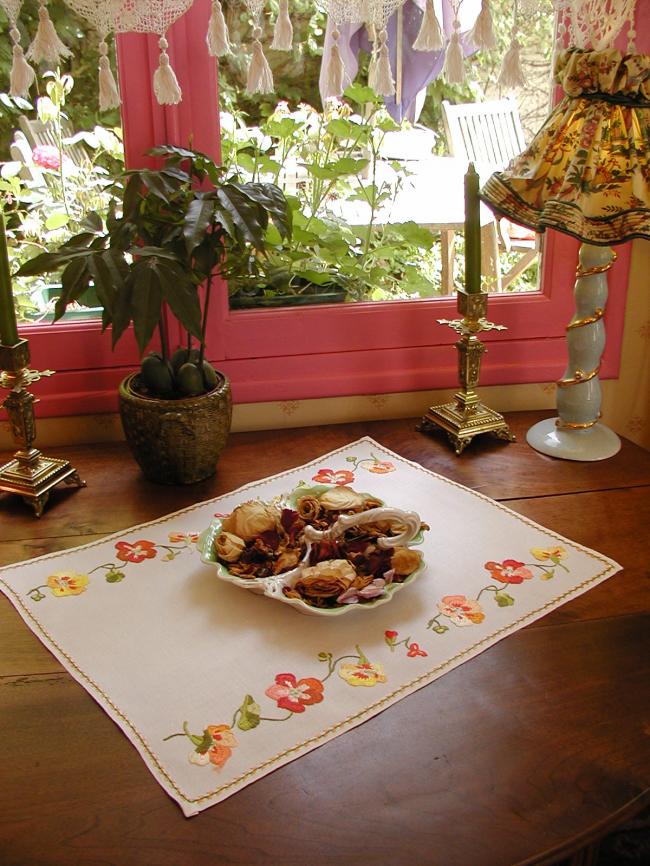 Really beautiful pair of trolley mats or table centres with jacobean nasturtium