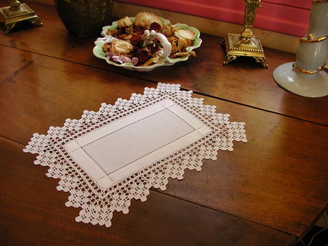 Lovely rectangular shape doily with drawn thread work and crochet lace 1920