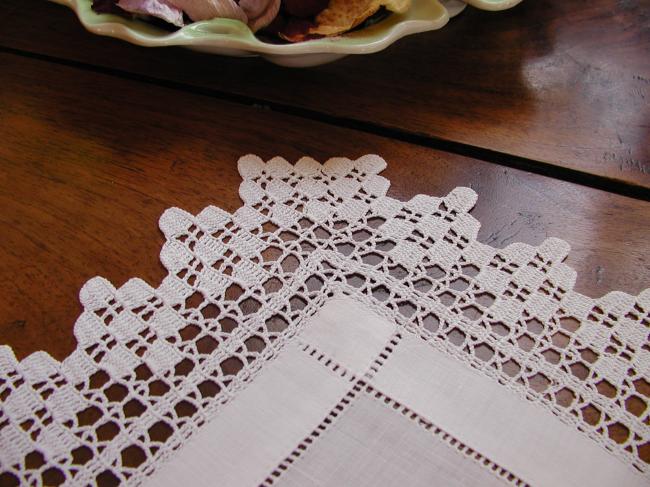 Lovely rectangular shape doily with drawn thread work and crochet lace 1920