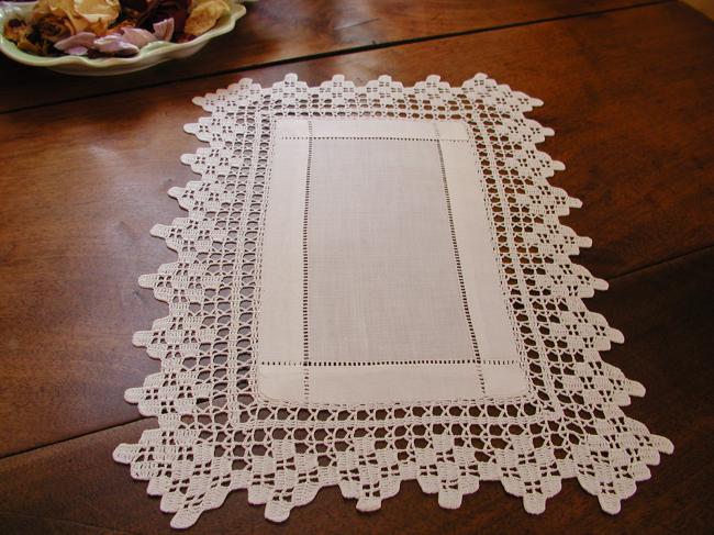 Lovely rectangular shape doily with drawn thread work and crochet lace 1920