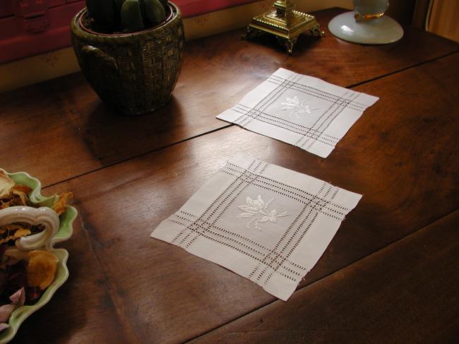 Lovely pair of square doilies with drawn thread  white works, flowers pattern