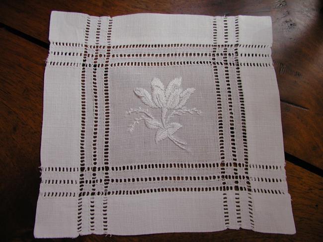 Lovely pair of square doilies with drawn thread  white works, flowers pattern