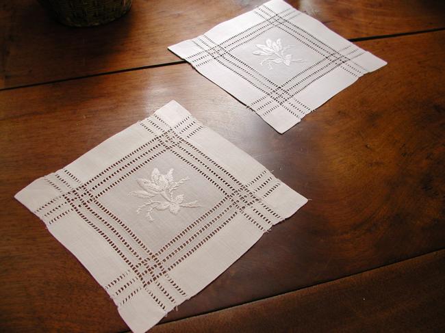 Lovely pair of square doilies with drawn thread  white works, flowers pattern