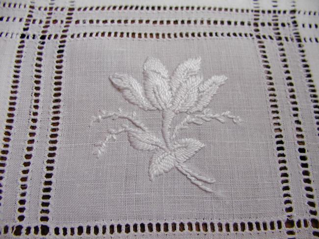 Lovely pair of square doilies with drawn thread  white works, flowers pattern