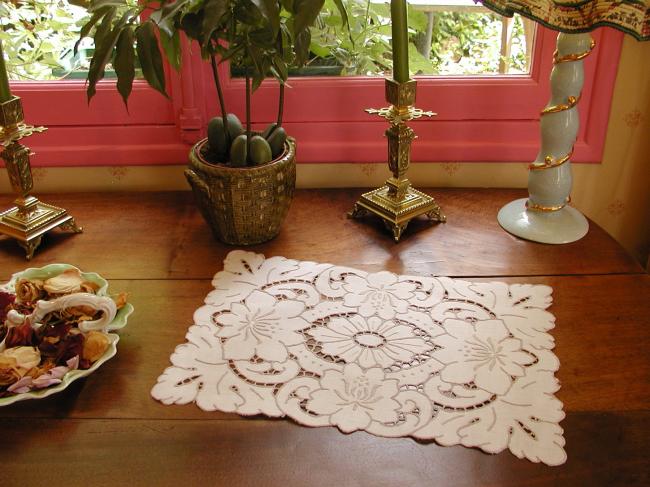 Lovely tray cloth with Richelieu hand-embroidered peonies