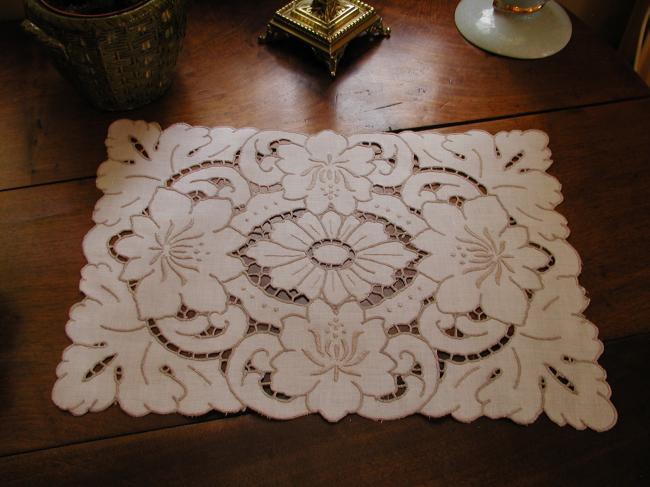 Lovely tray cloth with Richelieu hand-embroidered peonies