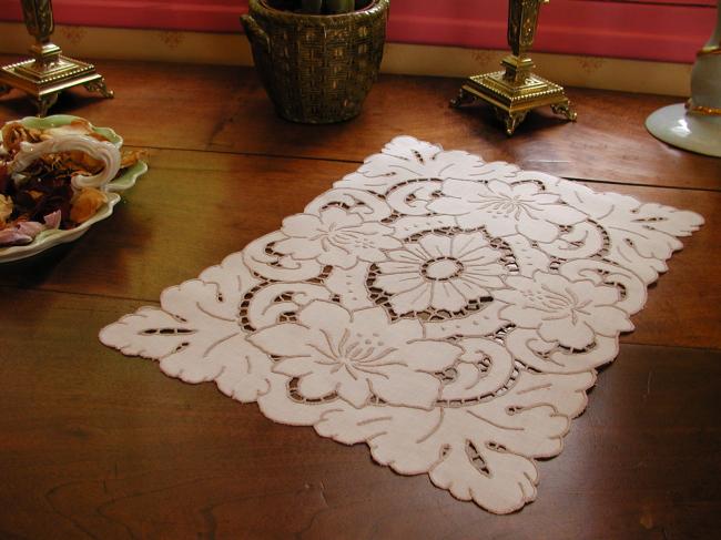 Lovely tray cloth with Richelieu hand-embroidered peonies