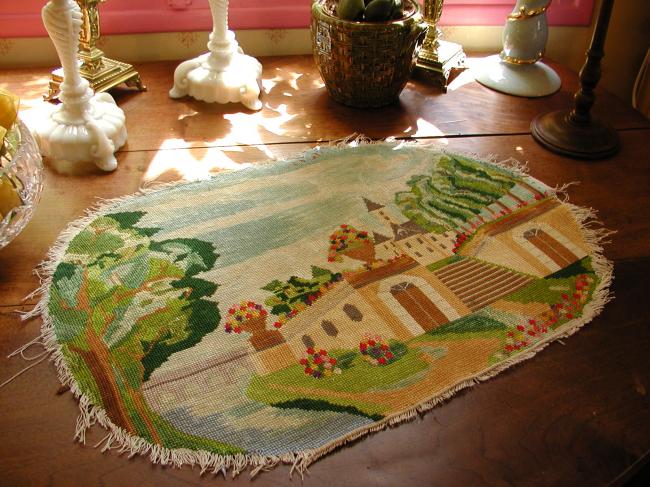 Wonderful panel in tapestry in cotton thread depicting a Chateau near Loire 1900