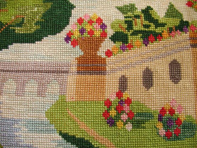 Wonderful panel in tapestry in cotton thread depicting a Chateau near Loire 1900