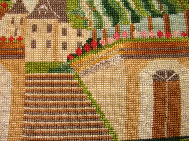 Wonderful panel in tapestry in cotton thread depicting a Chateau near Loire 1900