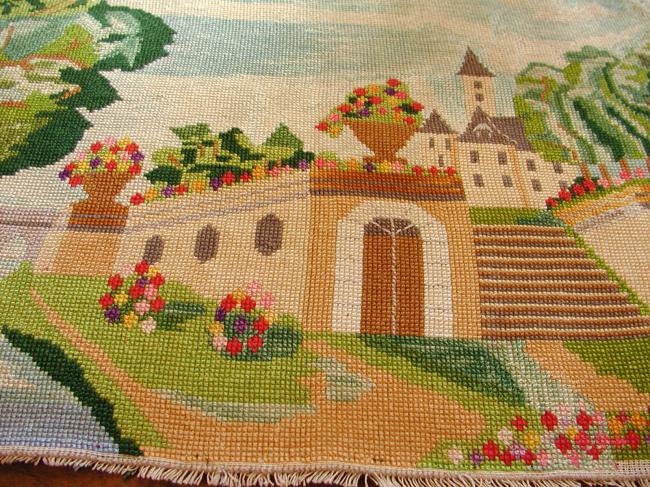 Wonderful panel in tapestry in cotton thread depicting a Chateau near Loire 1900