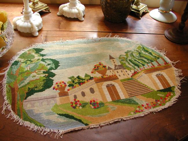 Wonderful panel in tapestry in cotton thread depicting a Chateau near Loire 1900