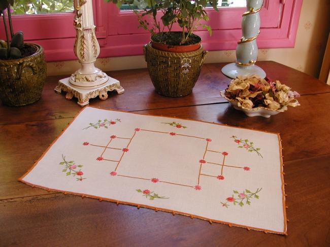 Adorable tray cloth with hand-embroidered little roses