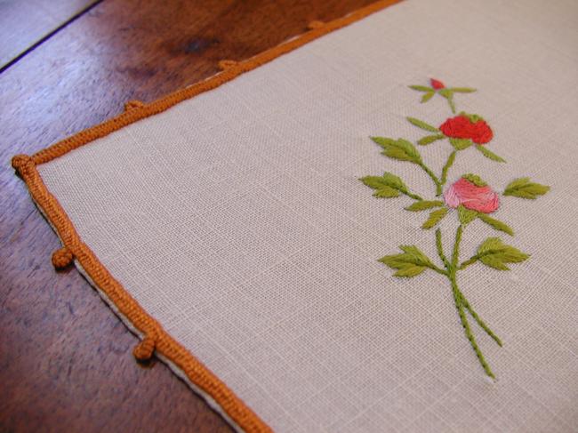 Adorable tray cloth with hand-embroidered little roses