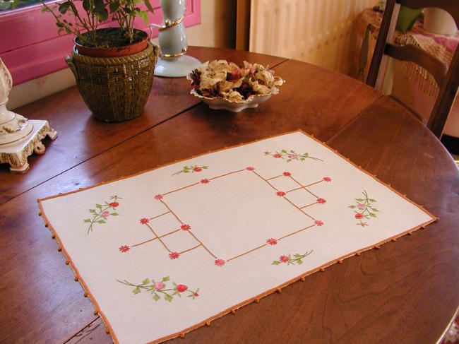 Adorable tray cloth with hand-embroidered little roses