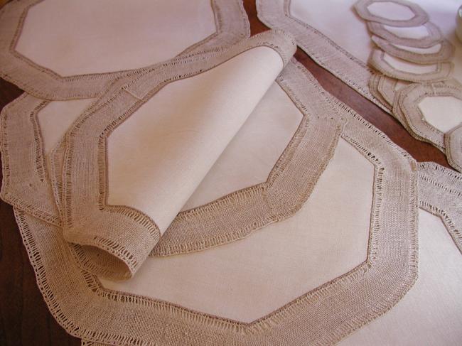 Superb table service 25 pieces in linen with edging in  bobbin 'Torchon' lace