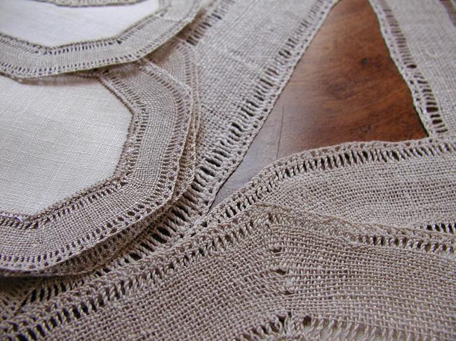 Superb table service 25 pieces in linen with edging in  bobbin 'Torchon' lace