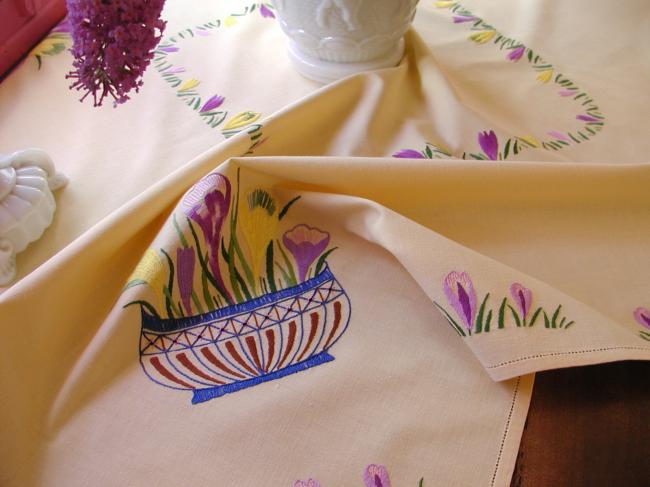 Adorable tablecloth with vibrant coloured and  hand-embroidered crocus